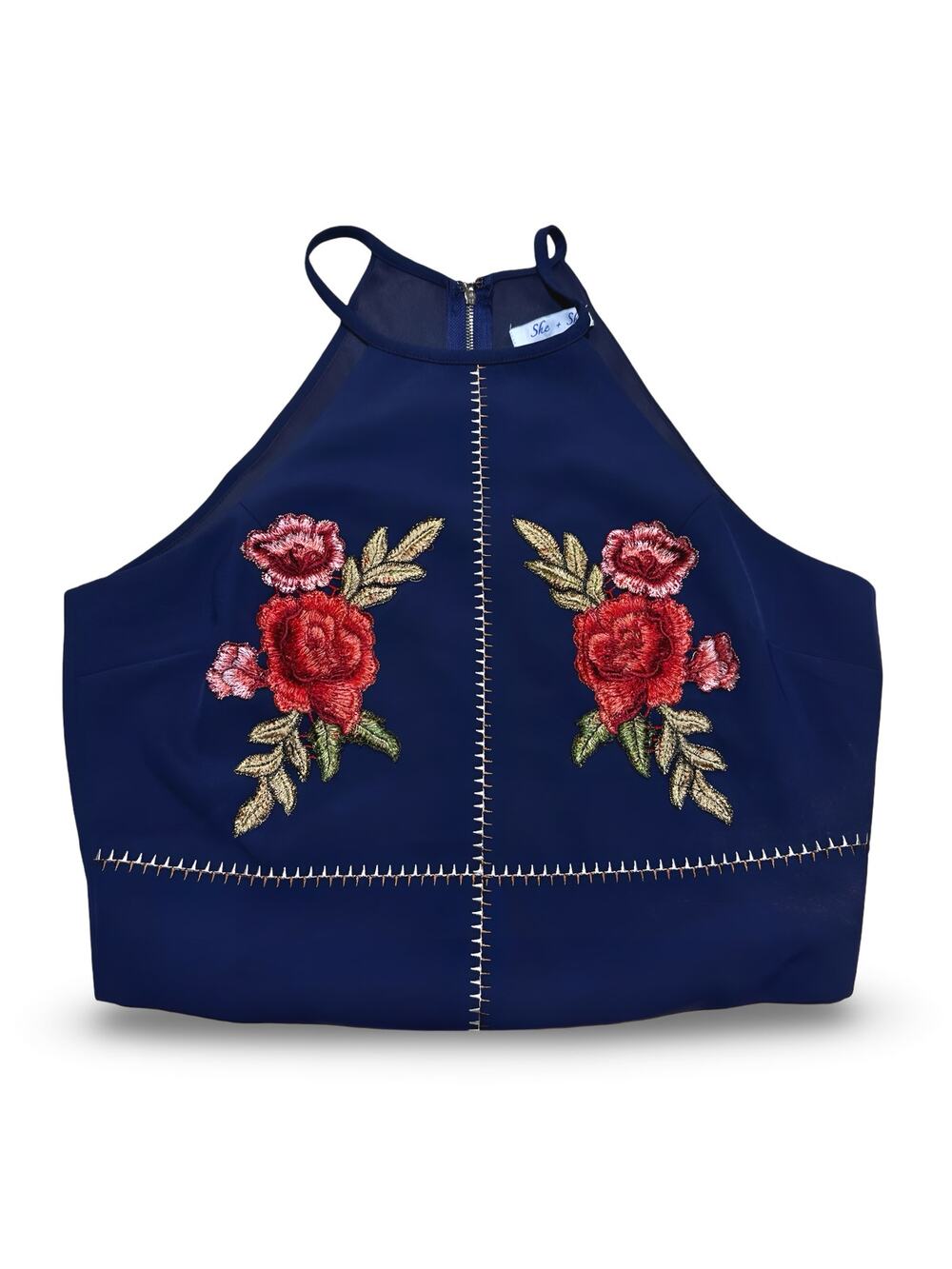 She + Sky Navy Embroidered Rose High-Neck Cropped Top Size Medium